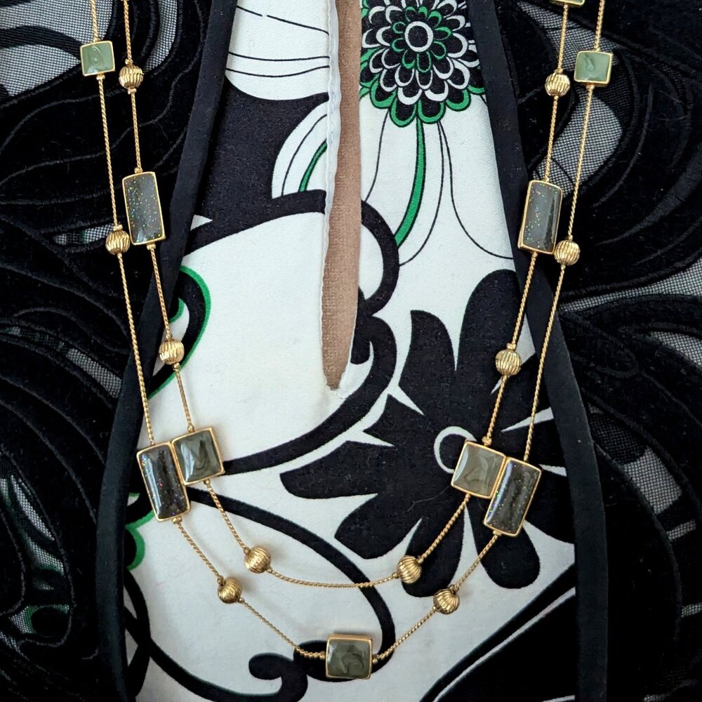 Moss Green Beaded Station Necklace Layered Art Deco Flapper Style Jewelry Gift